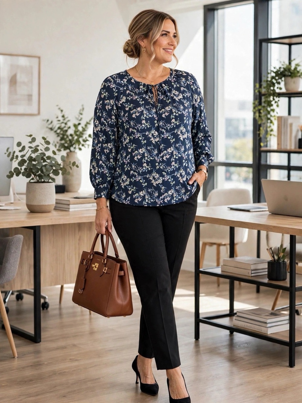 Ophelia Roe Navy Blue Floral Keyhole Peasant Blouse Long Sleeve | Size 2X